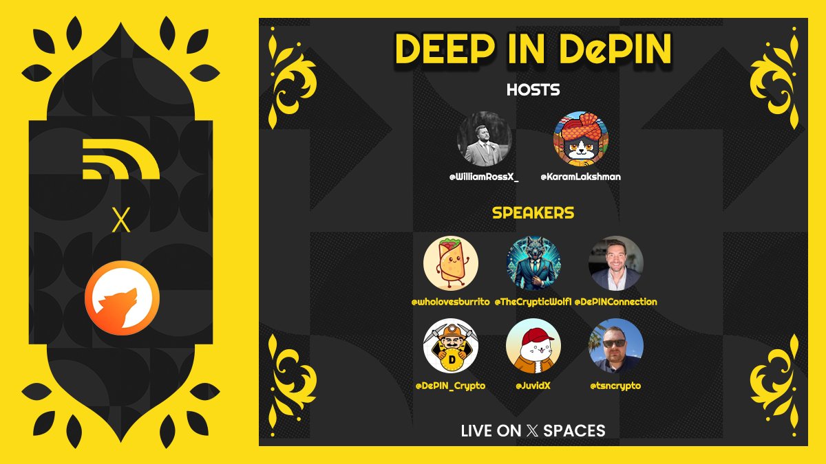 Dabba Network 🟨 (@dabbanetwork) on Twitter photo 🎙️Deep In DePIN ep.24
Join the conversation with <a href="/KaramLakshman/">Karam Lakshman</a> <a href="/WilliamRossX_/">William</a> and panel of big 🧠 speakers including
<a href="/tsncrypto/">tsn</a>
<a href="/JuvidX/">juvid</a>
<a href="/wholovesburrito/">Who Loves Burrito?</a>
<a href="/TheCrypticWolf1/">𝐓𝐡𝐞𝐂𝐫𝐲𝐩𝐭𝐢𝐜𝐖𝐨𝐥𝐟</a>
<a href="/DePINConnection/">DePIN Connection</a>
<a href="/DePIN_Crypto/">DePIN Crypto Network</a>
Don't forget to set a reminder and share your #DePIN take 👇 🎙️Deep In DePIN ep.24
Join the conversation with <a href="/KaramLakshman/">Karam Lakshman</a> <a href="/WilliamRossX_/">William</a> and panel of big 🧠 speakers including
<a href="/tsncrypto/">tsn</a>
<a href="/JuvidX/">juvid</a>
<a href="/wholovesburrito/">Who Loves Burrito?</a>
<a href="/TheCrypticWolf1/">𝐓𝐡𝐞𝐂𝐫𝐲𝐩𝐭𝐢𝐜𝐖𝐨𝐥𝐟</a>
<a href="/DePINConnection/">DePIN Connection</a>
<a href="/DePIN_Crypto/">DePIN Crypto Network</a>
Don't forget to set a reminder and share your #DePIN take 👇