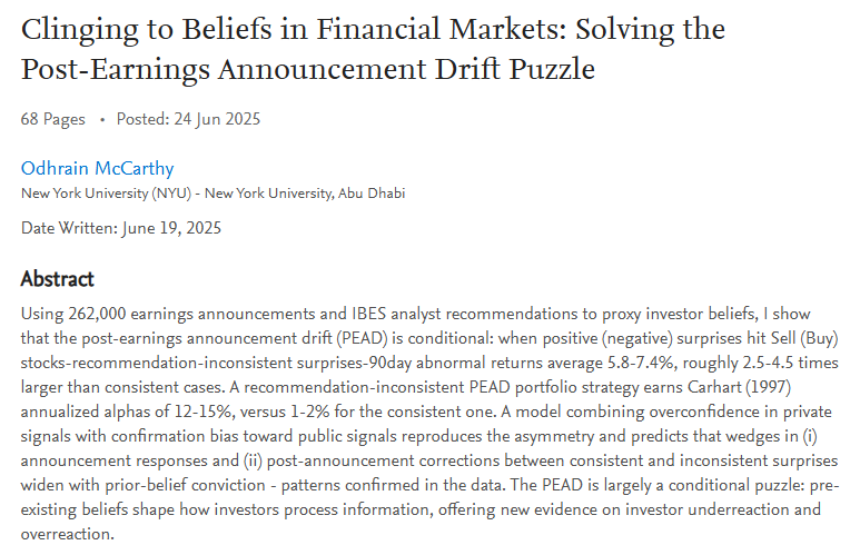 quantseeker's tweet image. The Post-Earnings Announcement Drift (PEAD) is strongest when earnings news goes against investor expectations. Though many claim PEAD is fading, this new paper shows it remains strong when earnings surprises contradict analyst sentiment. Stocks disliked by analysts that deliver…