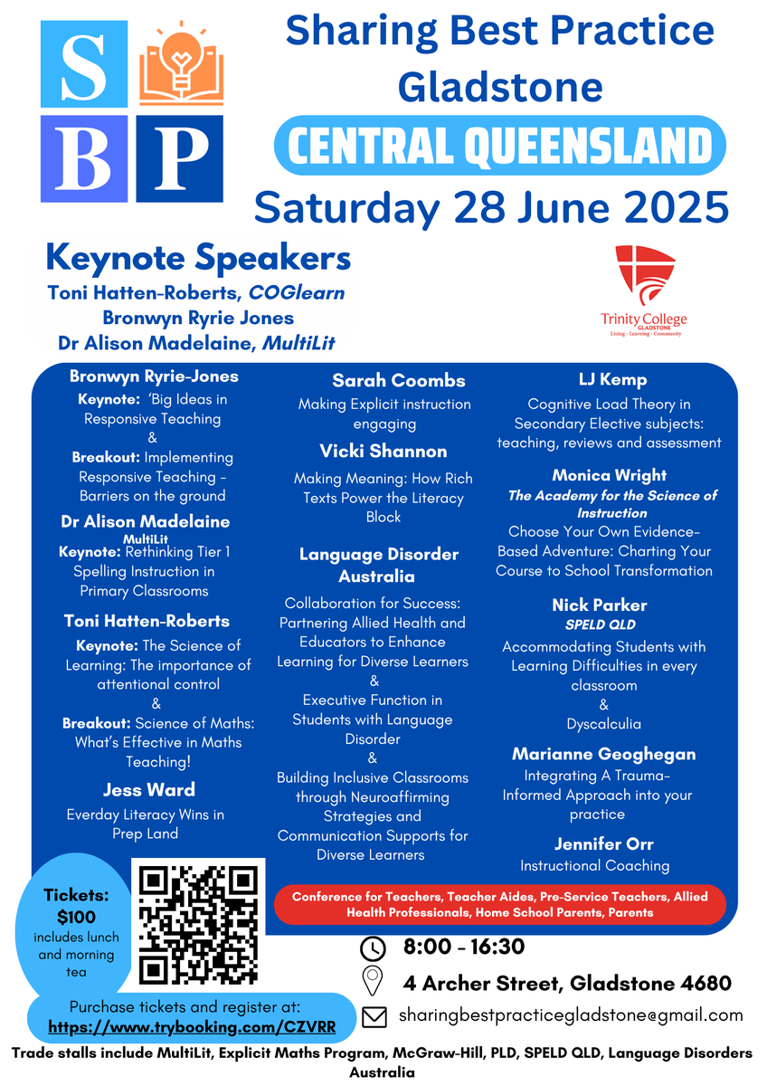 Dr Alison Madelaine, Senior Research Fellow (MRU) and Clinical Director of MultiLit Literacy Centres, is presenting ‘Rethinking Tier 1 Spelling Instruction in Primary Classrooms’ on 28 June 2025 at Sharing Best Practice in Gladstone. Book now: hubs.la/Q03tv8WP0