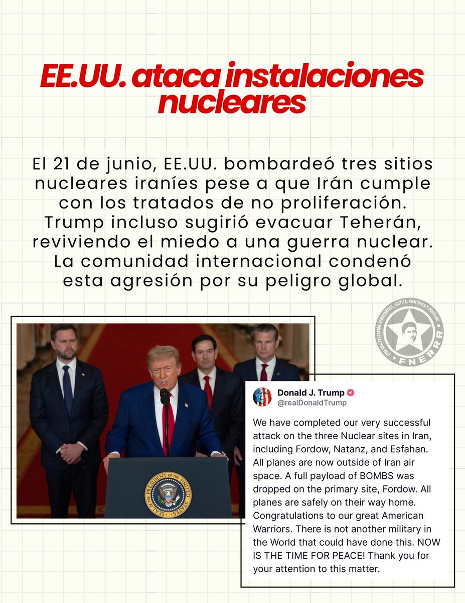FNERRR_NACIONAL's tweet photo. 𝐈𝐬𝐫𝐚𝐞𝐥 𝐩𝐨𝐧𝐞 𝐞𝐧 𝐩𝐞𝐥𝐢𝐠𝐫𝐨 𝐚𝐥 𝐦𝐮𝐧𝐝𝐨 ✊🏽😡

El 13 de junio, Israel atacó Irán con apoyo de EE. UU., causando decenas de muertes civiles y desatando una peligrosa escalada bélica. Condenamos la barbarie imperialista y llamamos  a la unidad de los pueblos 

📣🔥 https://t.co/DDhWesaIP7