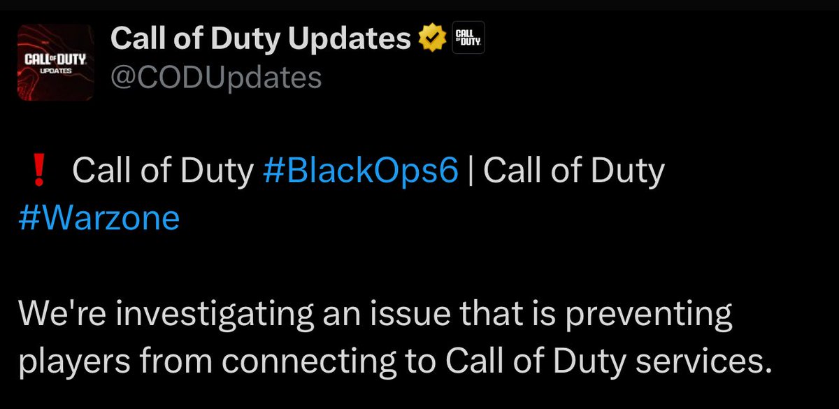WZStatsGG's tweet photo. ‼️🚨 COD SERVERS ARE ALL DOWN 🚨‼️

Call of Duty HQ is currently down on ALL Platforms!

🚫 #Warzone
🚫 #BO6
🚫 #MWIII
🚫 #MWII https://t.co/yEGbDGIQUH