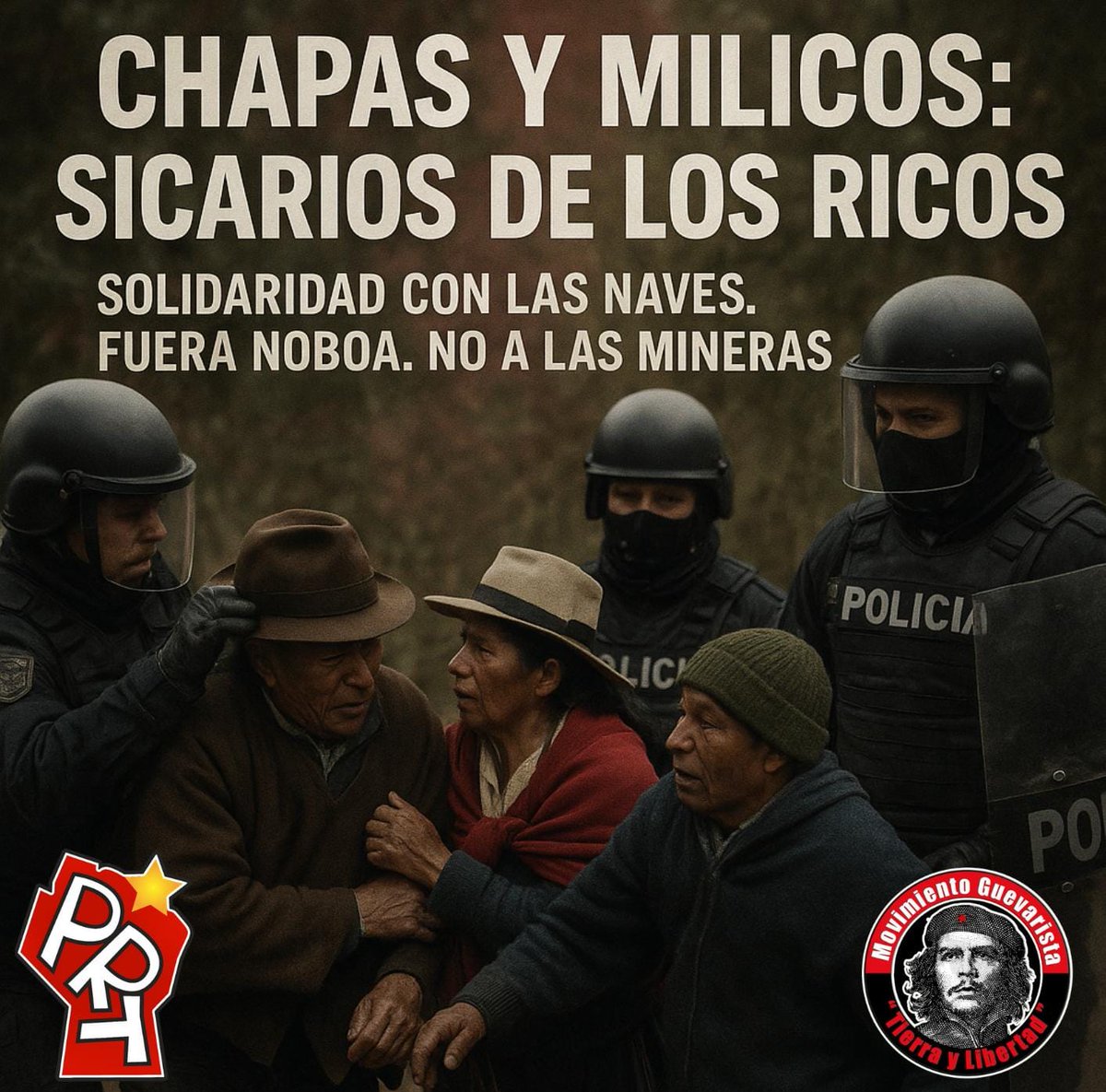 de_losvivos's tweet photo. ¡Agresión criminal en Las Naves!
El régimen lumpenburgués de Noboa y sus chapas sirven a las mineras, no al pueblo. Reprimen, torturan, persiguen a luchadores sociales mientras protegen a mafias.
¡Fuera mineras!
¡Chapas y milicos: sicarios de los ricos!
#MGTL #LasNavesResiste https://t.co/uDiH6nwb4h