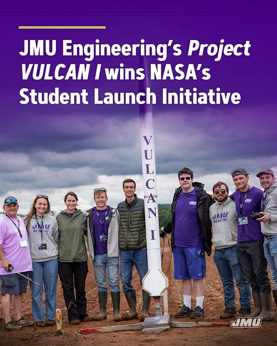 JMU's tweet image. REACHING THE STARS: @NASA recently announced JMU as the overall winner of the agency’s 2025 Student Launch challenge.
JMU's Project Vulcan I, placed first overall among all universities in the competition.
Learn more about the competition: bit.ly/NASAStudentLau…