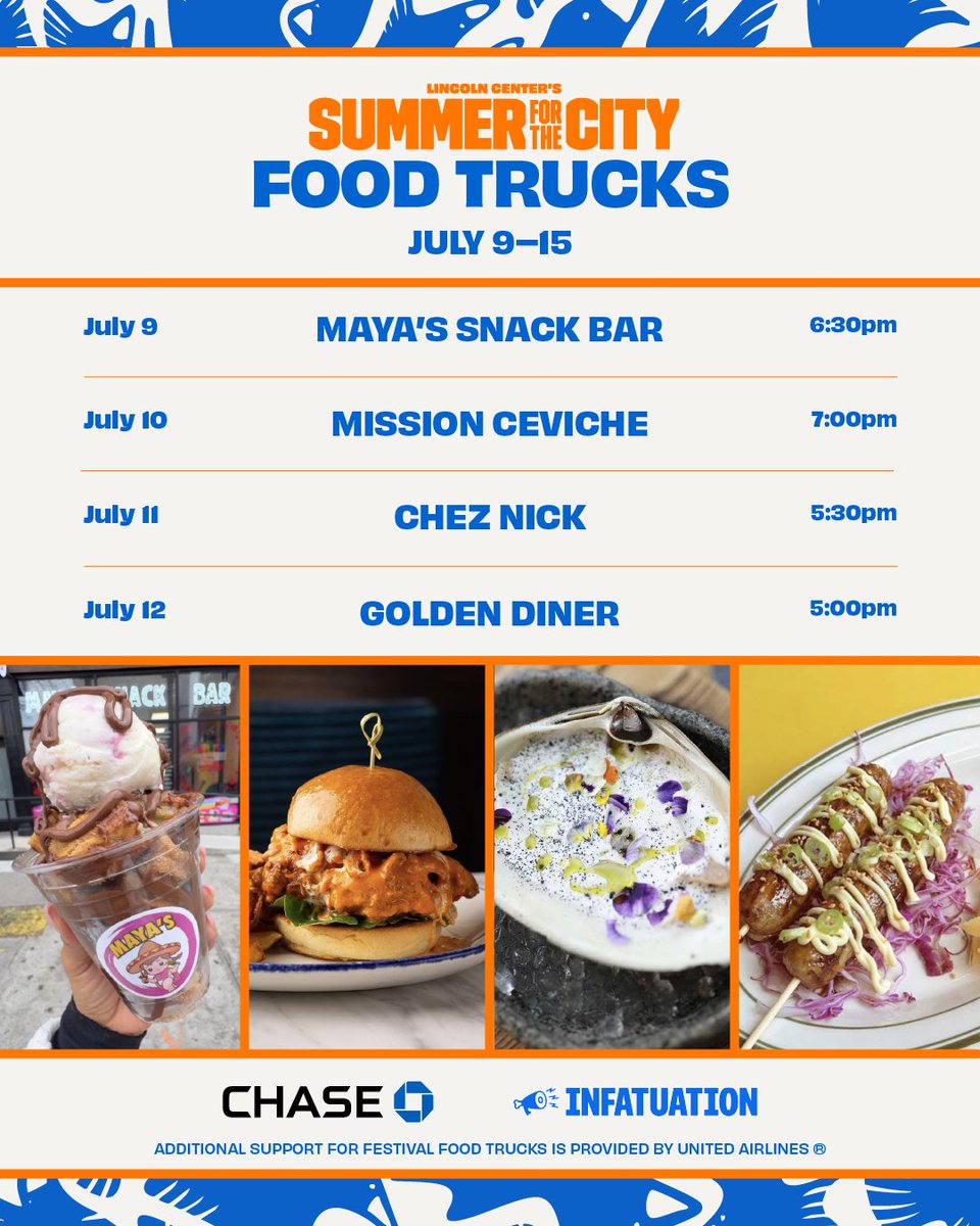We're celebrating the culinary arts with Festival Food Trucks! 🌮🧑‍🍳🍔 Check out which restaurants will be featured from June 25-July 15 at #SummerForTheCity: LincolnCenter.org/FoodTrucks

Presented by <a href="/Chase/">Chase</a> in collaboration with <a href="/infatuation/">The Infatuation</a>.. Additional support by @United.