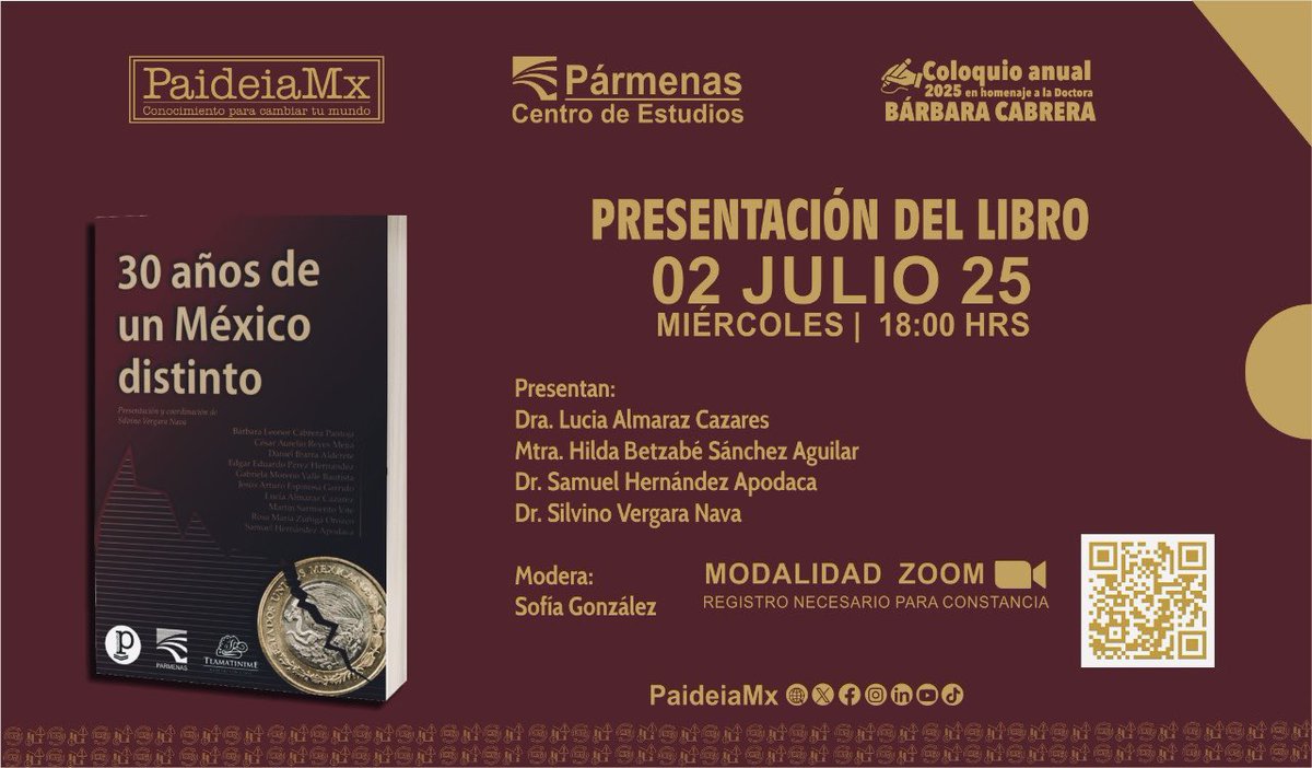 📘 ¡Acompáñanos!
Presentación del libro “30 años de un México distinto”
🗓️ 2 de julio | ⏰ 18:00 hrs | 💻 Zoom
🎙️ Con la participación de destacados académicos
📌 Registro necesario para constancia en —>lc.cx/S3QXUR
#México #HistoriaReciente #LibroNuevo #PaideiaMx