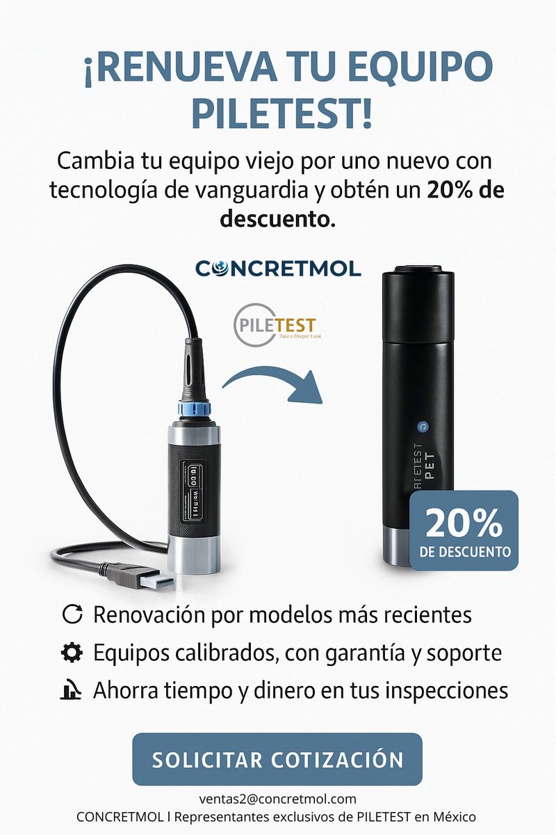 concretmol's tweet image. ¡Cámbiate a Piletest con Concretmol! 🌐

¿Tienes un equipo antiguo para pruebas de pilotes?
Este es el momento de actualizarte con tecnología confiable y moderna.

#Concretmol #Piletest #PETPiletest #PruebasDePilotes #CanjeTecnológico #GeotecniaAvanzada #ConstrucciónSegura