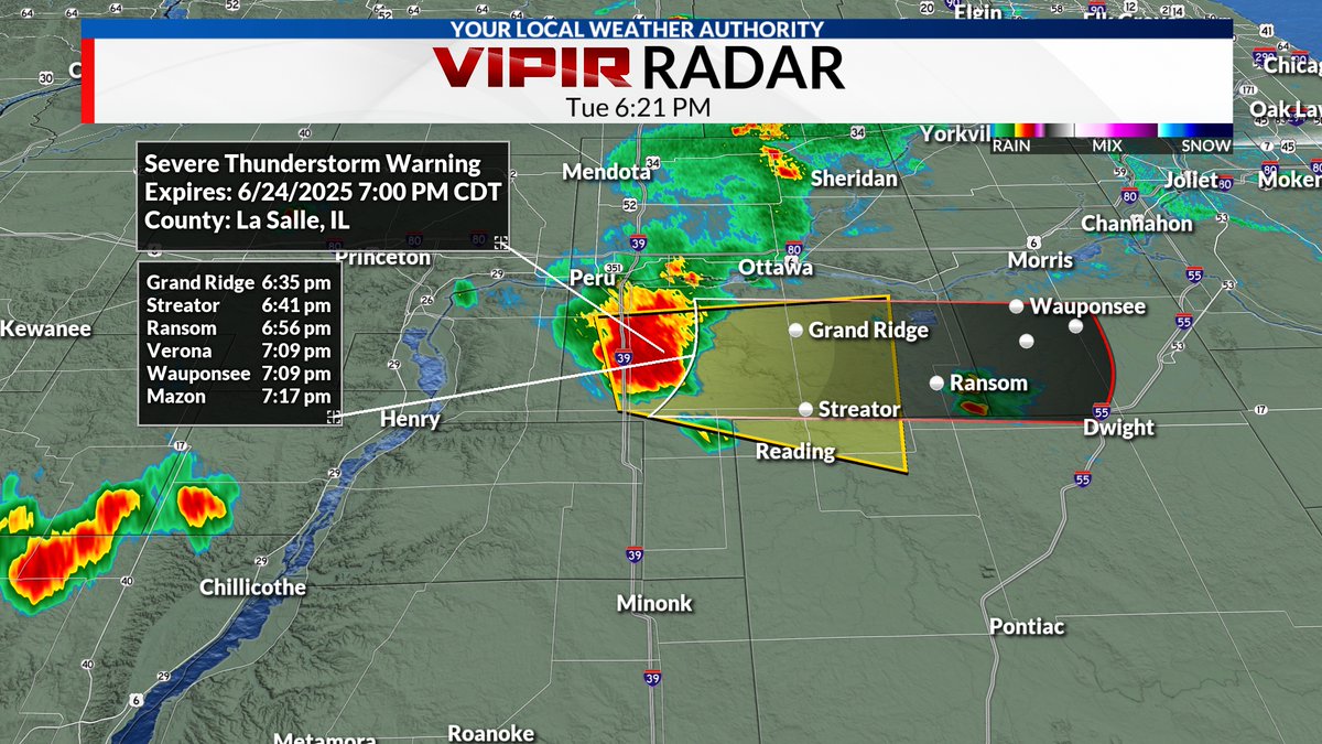Severe T-Storm Warning issued for La Salle and NW Livingston Counties until 7:00 PM. Wind gusts up to 60 mph, Penny size hail, and funnel clouds are possible. Storm is moving east at 30 MPH.