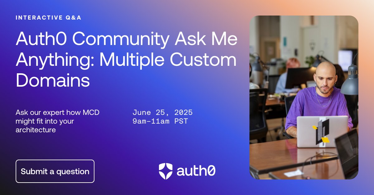 Auth0Community's tweet photo. Our Multiple Custom Domains Ask Me Anything is tomorrow! This is your last chance to submit your questions 🤔 

Submit one here https://t.co/aYOmp7EvBX and join us for expert insights.

 #Auth0Community #AMA https://t.co/YrjaapW8gm