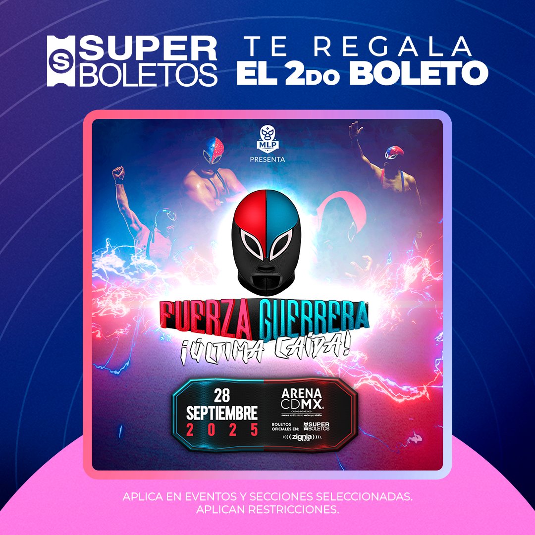 ¡Hoy es miércoles de promo! 🎟

Adquiere tus entradas al 2x1 y despide a Fuerza Guerrera en la #ArenaCDMX 💥

📍 Consulta zonas participantes.
➡ Activa tu cupón en 𝗣𝗿𝗼𝗺𝗼𝗰𝗶𝗼𝗻𝗲𝘀 𝘆 𝗗𝗲𝘀𝗰𝘂𝗲𝗻𝘁𝗼𝘀 de Superboletos: superboletos.com/landing-evento…