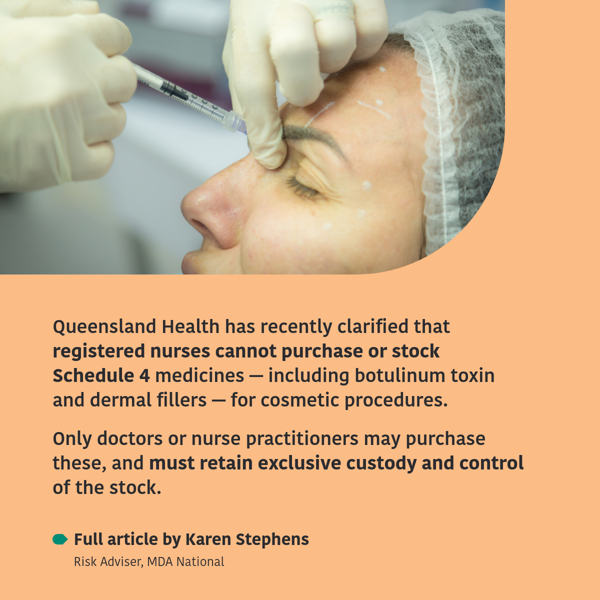 Important update for cosmetic practitioners in QLD.

Queensland Health has clarified that only doctors and nurse practitioners—not registered nurses—can purchase or stock Schedule 4 medicines like botulinum toxin and dermal fillers. MDA National Members should carefully review