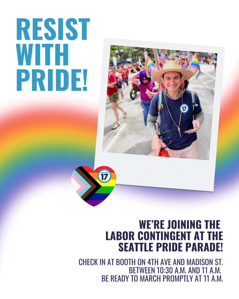 PTE17's tweet image. We're joining the Labor contingent in the #SeattlePrideParade! π Check in at the booth on 4th Ave and Madison St. in downtown Seattle between 10:30 a.m. and 11 a.m. See you in your union gear, ready to march promptly at 11 a.m.! π @MLKLabor