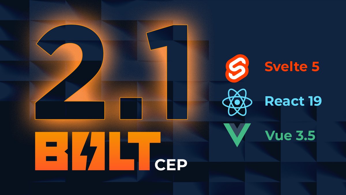 Bolt CEP 2.1⚡now supports:
- Svelte 5
- React 19
- Vue 3.5

Additional Updates:
- TypeScript 5
- Vite 6

hyperbrew.co/bolt-cep

Start creating Adobe CEP extensions with a modern stack designed to help you work faster 🚀

100% free &amp; open source 🎉