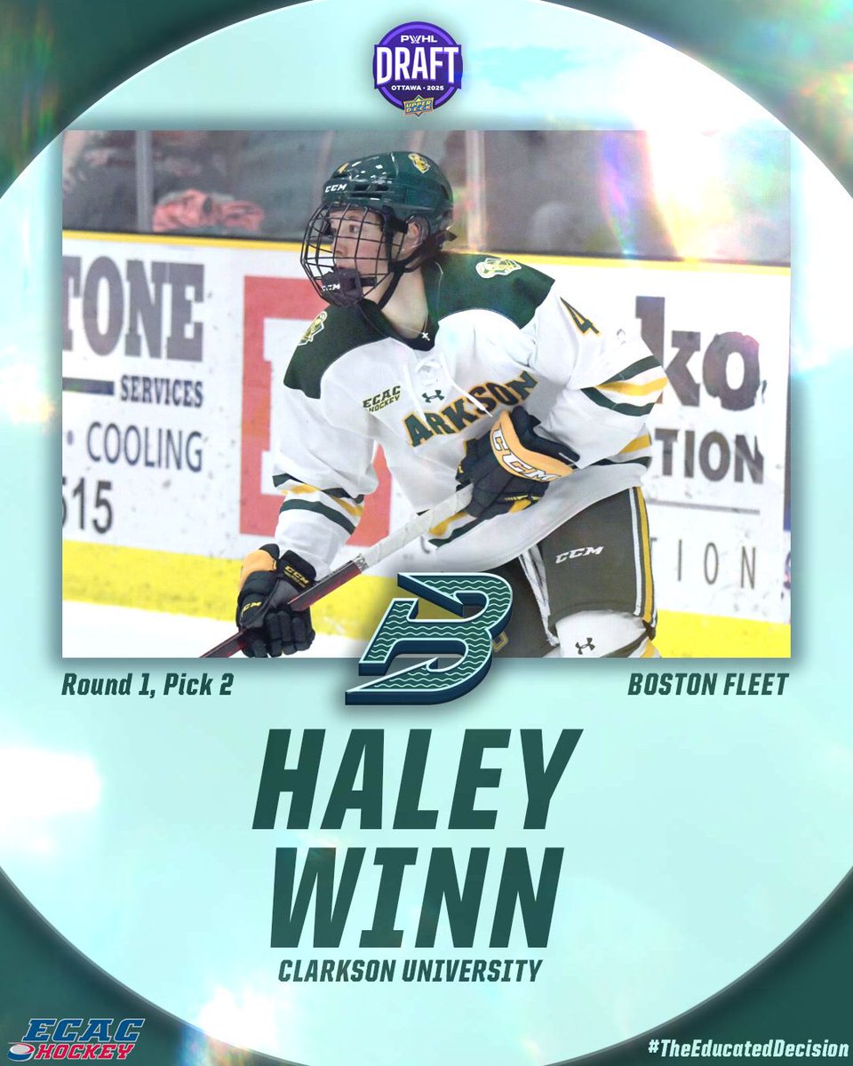 ecachockey's tweet photo. Back-to-back! Reigning #ECACHockey Player of the Year Haley Winn is the #2 overall pick in the 2025 @thepwhlofficial draft!

The @clarksonwhockey standout is heading to Boston as a member of the Boston Fleet (@PWHL_Boston)! https://t.co/kxhrpCutYP