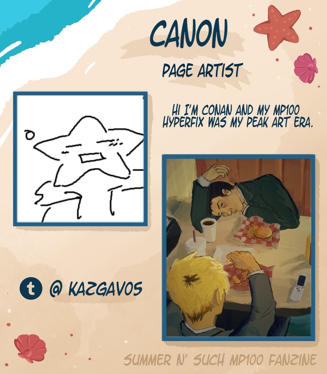 summersnsuch's tweet photo. ARTIST SPOTLIGHT
Next up we have: @/kazgavos on tumblr

“Hi I'm Conan and my mp100 hyperfix was my peak art era.” 

Preorders are open! Link in bio ☀️

#mp100 #fanzine https://t.co/u9Cb9qSfPa