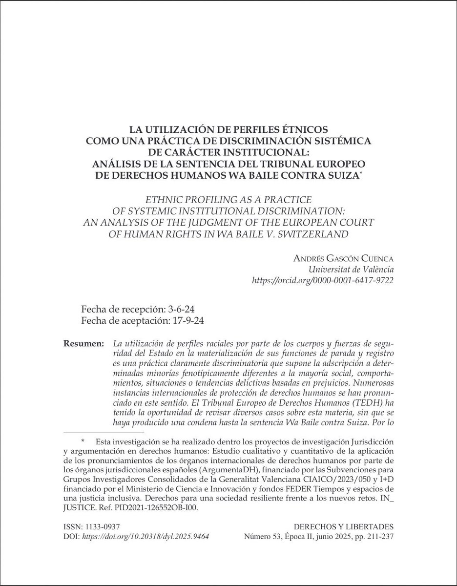 📘 #RevistaDerechosyLibertades Nº 53 (2025) <a href="/idhbc_uc3m/">Derechos Humanos (IDHPB)</a> <a href="/uc3m/">UC3M</a> <a href="/dykinsonlibros/">Librería - Editorial Dykinson 📚</a>

📣 Hoy en la sección #Artículos ✍🏼 “La utilización de perfiles étnicos como una práctica de discriminación sistémica” de #AndrésGascónCuenca

⬇️ ¡Léelo aquí! ⬇️ #OpenAccess
🔗 doi.org/10.20318/dyl.2…
