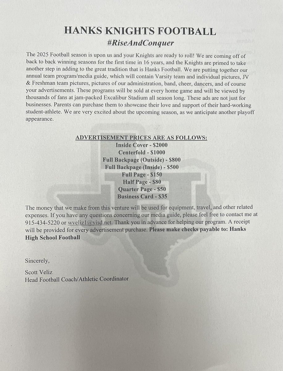 Coach Scott Veliz (@coach_veliz) on Twitter photo Football season is right around the corner! Advertise in our Game Day Media Guide. Over 50 full color pages of exciting Knights Football.
Email me at wveliz1@yisd.net
🏈🏰⚔️
#RiseAndConquer #TheKingdom #BFI Football season is right around the corner! Advertise in our Game Day Media Guide. Over 50 full color pages of exciting Knights Football.
Email me at wveliz1@yisd.net
🏈🏰⚔️
#RiseAndConquer #TheKingdom #BFI