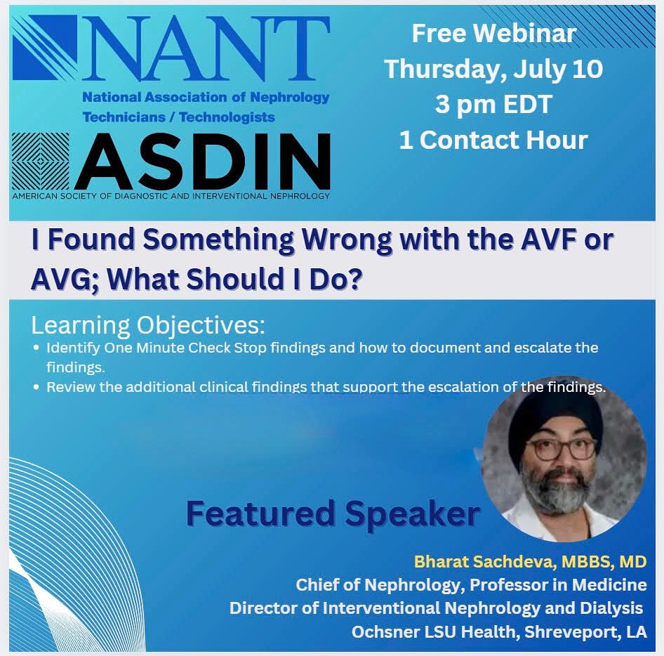 📣 FREE Webinar!
🗓 Thursday, July 10 | 🕒 3 PM EDT

"I Found Something Wrong with the AVF or AVG; What Should I Do?"
Join us as Dr. Bharat Sachdeva shares how to identify and escalate One Minute Check Stop findings.

🔗 Click here to register: us02web.zoom.us/meeting/regist…