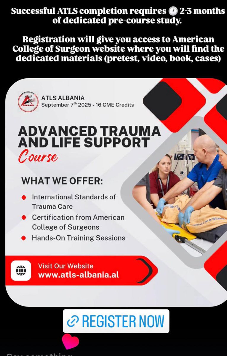 AlbaniaAtls's tweet photo. Ever wondered why Advanced Trauma Life Support (ATLS®) has become a mandatory requirement for medical professionals in so many countries around the world? 🌍🩺

It's simple: ATLS sets the gold standard for trauma care.

Swipe through to discover the critical reasons why this… https://t.co/gizdoWMTbL