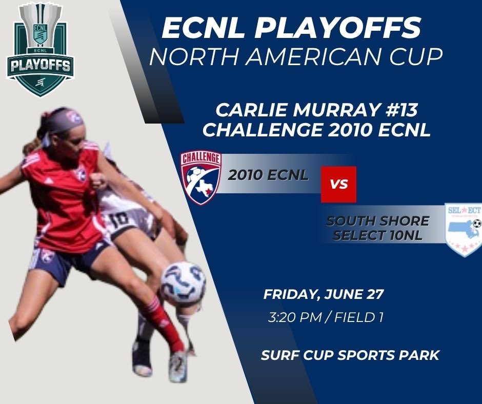Come watch me and my <a href="/Challenge10ECNL/">Challenge 2010 ECNL</a> teammates this Friday at the North American Cup at the #ECNLplayoffs ! <a href="/PrepSoccerTX/">Prep Soccer Texas</a> <a href="/ImYouthSoccer/">ECNL/GA/Recruiting/College Soccer</a> <a href="/ECNLgirls/">ECNL Girls</a> <a href="/ChallengeSoccer/">Challenge Soccer Club</a>