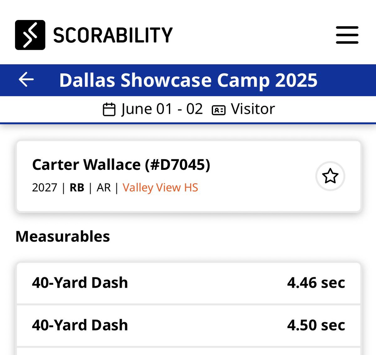 Another verified 🔥4.4 40🔥
<a href="/SMUFB/">SMU Football</a> camp

Also ran 🔥4.44 40 🔥 <a href="/SouthernMissFB/">Southern Miss Football</a> Megacamp

<a href="/ValleyViewFB/">Blazer Football</a> 
Only getting faster !!!