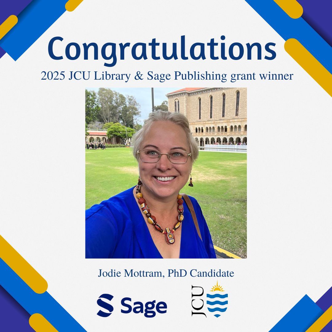 JCU Library (@jculibrary) on Twitter photo Congratulations to Jodie Mottram, PhD candidate with <a href="/JCUCHS/">JCU College of Healthcare Sciences</a> who has won the 2025 JCU Library - Sage Publishing Grant for Indigenous HDRs. We will look forward forward to hearing about Jodie's work at a research seminar later this year. <a href="/Sage_APAC/">Sage Asia Pacific</a> #JCU #JCULibrary Congratulations to Jodie Mottram, PhD candidate with <a href="/JCUCHS/">JCU College of Healthcare Sciences</a> who has won the 2025 JCU Library - Sage Publishing Grant for Indigenous HDRs. We will look forward forward to hearing about Jodie's work at a research seminar later this year. <a href="/Sage_APAC/">Sage Asia Pacific</a> #JCU #JCULibrary