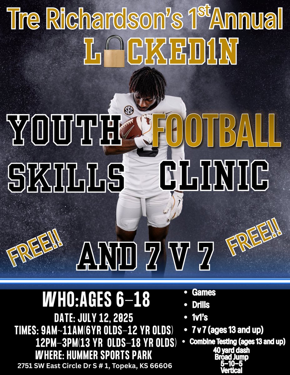 Trerich20's tweet image. One week left to register…tap in Topeka Kansas and surrounding areas! I am truly excited to have this camp and 7v7 on July 12,2025. Please Retweet this post. Let’s make this a big camp💪🏾 #RememberItIsFREE