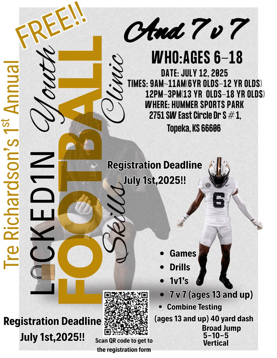 Trerich20's tweet image. One week left to register…tap in Topeka Kansas and surrounding areas! I am truly excited to have this camp and 7v7 on July 12,2025. Please Retweet this post. Let’s make this a big camp💪🏾 #RememberItIsFREE