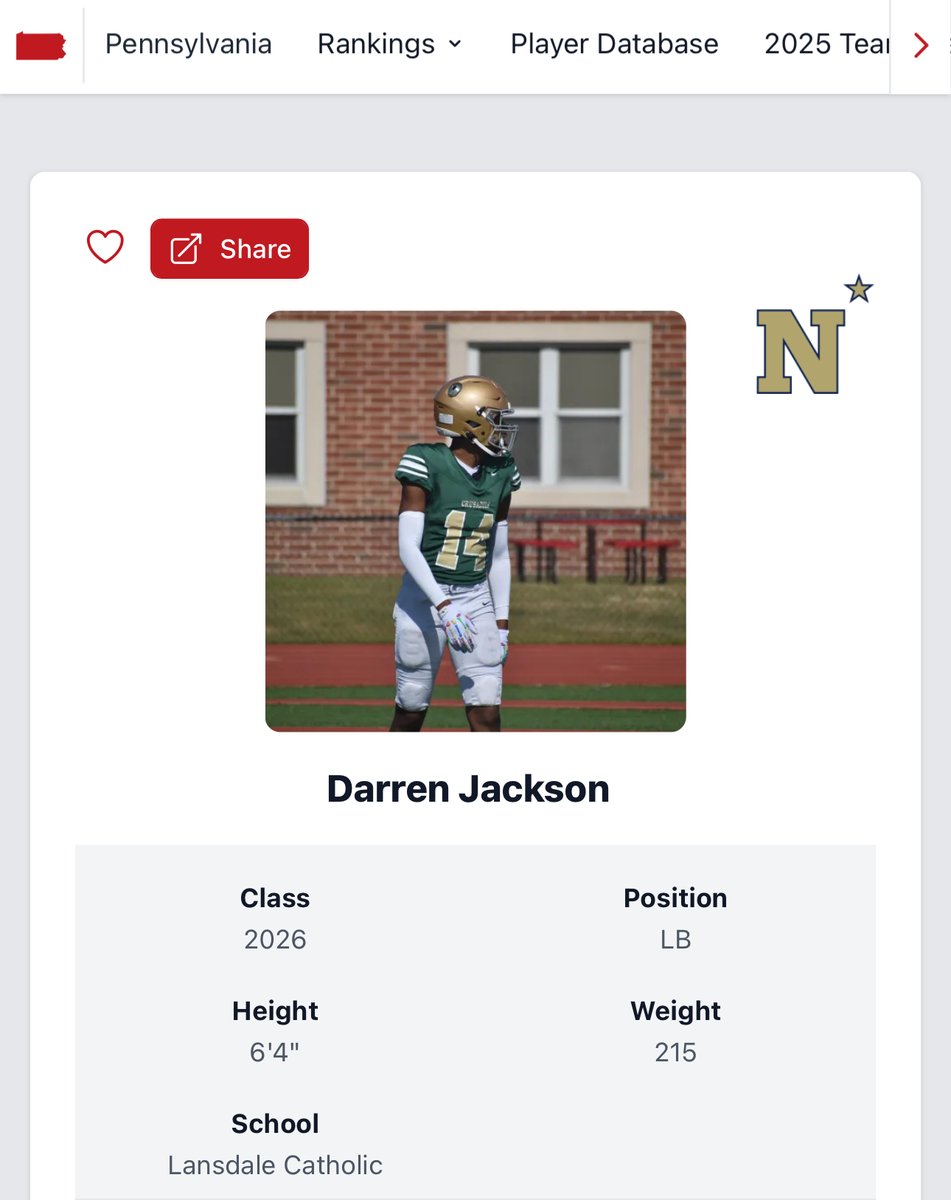 VicCastilloPRZ (@przpavic) on Twitter photo Lansdale Catholic's <a href="/DBDarrenJackson/">Darren Jackson</a> announced his commitment to <a href="/NavyFB/">Navy Football</a> this week
Navy always pulls 2-3 elite PA prospects each year, this being an absolute steal for the program. <a href="/NavyCoachYo/">Mick Yokitis</a> <a href="/_CoachNew/">🇺🇸 Brian Newberry ⚓️</a> <a href="/CoachRickyBrown/">Ricky Brown</a>
PRZ profile created and graded on: FEBRUARY 11TH, 2023 Lansdale Catholic's <a href="/DBDarrenJackson/">Darren Jackson</a> announced his commitment to <a href="/NavyFB/">Navy Football</a> this week
Navy always pulls 2-3 elite PA prospects each year, this being an absolute steal for the program. <a href="/NavyCoachYo/">Mick Yokitis</a> <a href="/_CoachNew/">🇺🇸 Brian Newberry ⚓️</a> <a href="/CoachRickyBrown/">Ricky Brown</a>
PRZ profile created and graded on: FEBRUARY 11TH, 2023