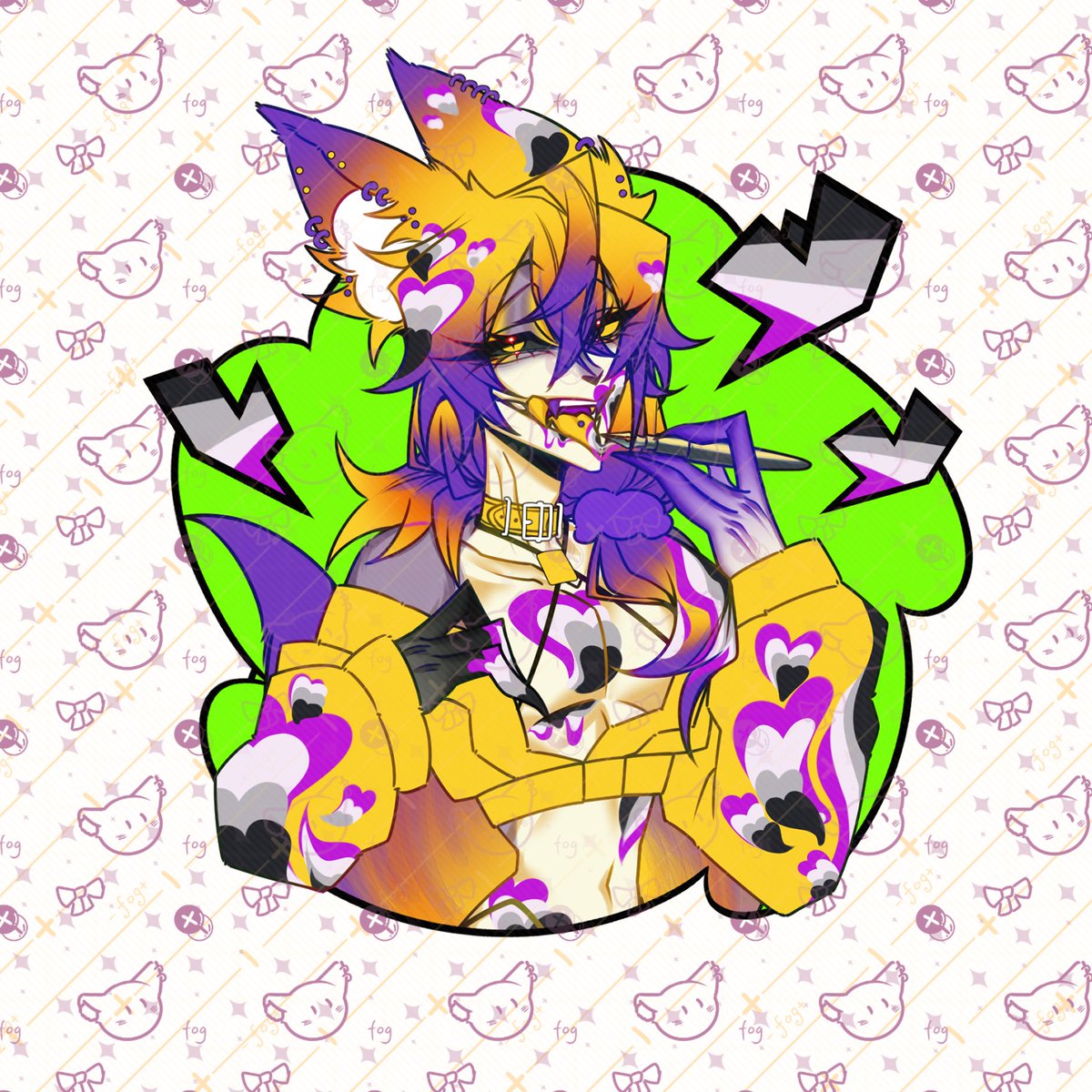 #HazbinHotelOC #HazbinHotel #oc 
Take the time to finish Bane's Pride Month badge, and now there is still Tape's left.