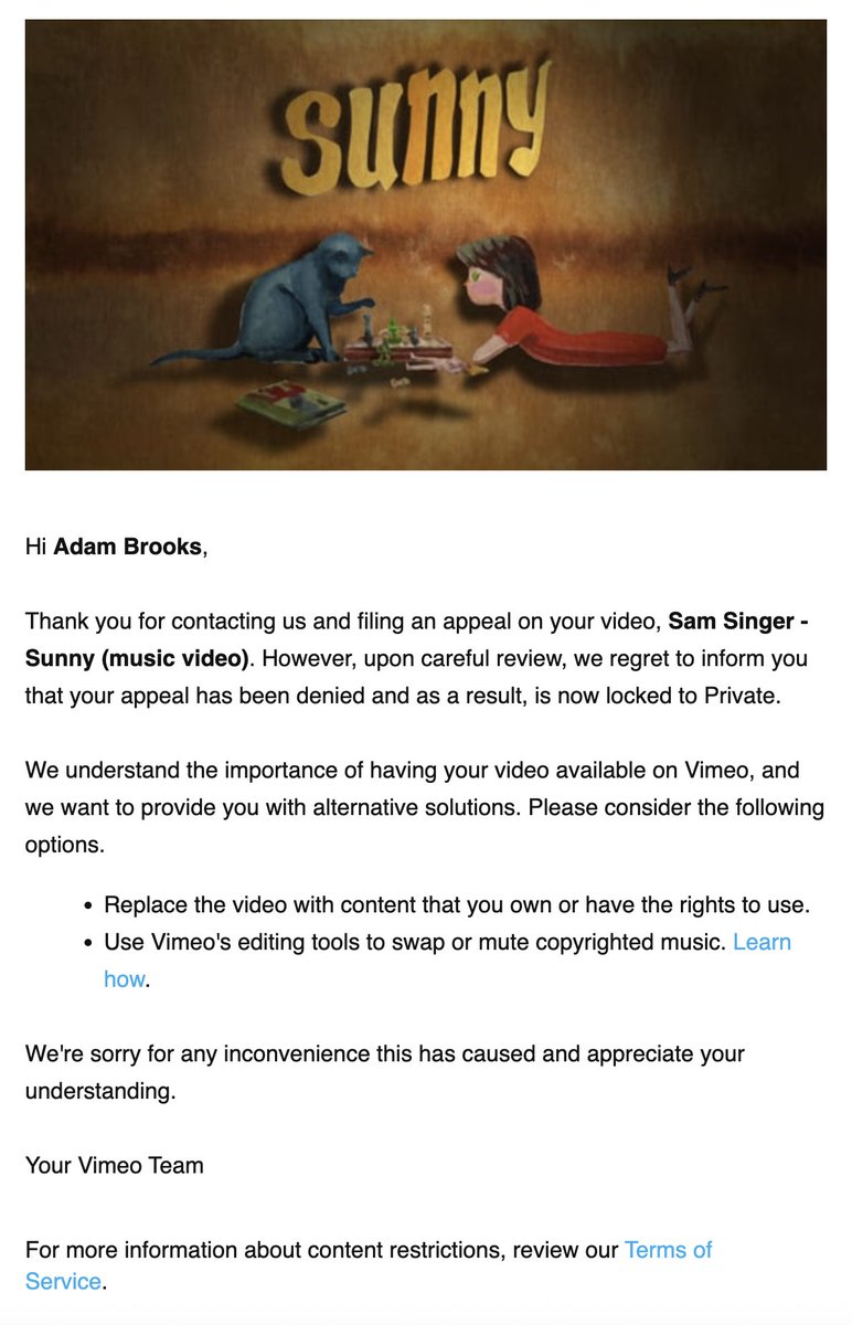 Thanks for nothing <a href="/Vimeo/">Vimeo</a> @distrokid
When everything is automated, everyone is a moron.