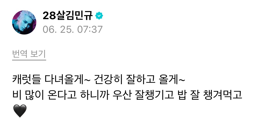 250625 mingyu weverse 🌟 #민규 #세븐틴 

🐶 carats i'll go and come back~ i'll do well healthily and go back~ it's raining a lot so make sure to have an umbrella with you and make sure to eat your meals 🖤