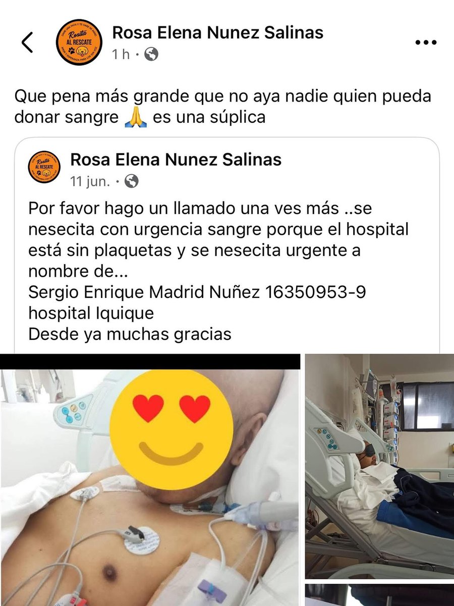 La Sra. Rosa sigue pidiendo donantes de sangre para su hijo. Ayudemos haciendo difusión por favor 🙏🏻 gente de #Iquique tengan en consideración a Sergio al momento de ir a donar. Gracias ❤️