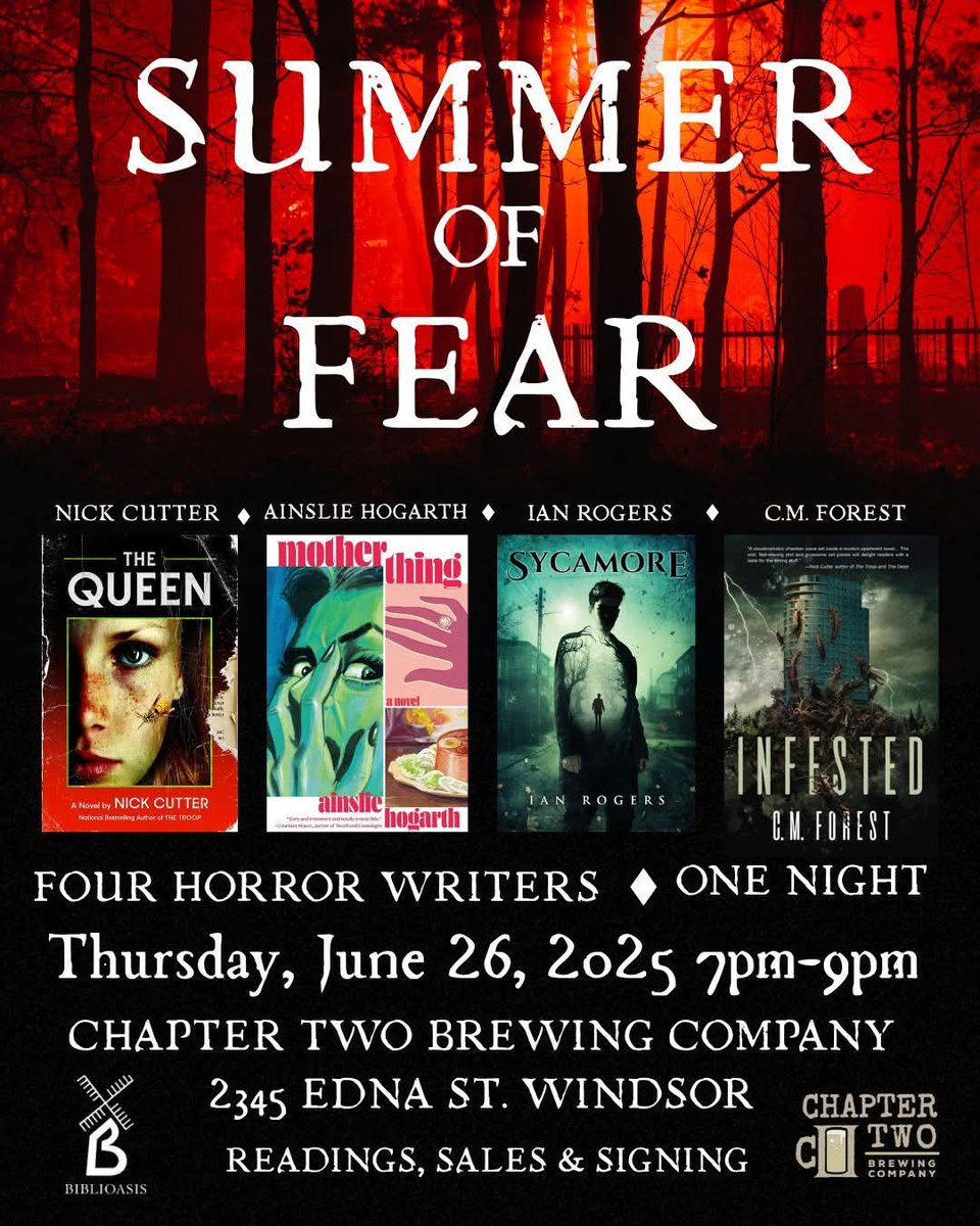 If you're in the Windsor area on Thursday, come out and join me, Nick Cutter, Ainslie Hogarth, and C.M. Forest for a night of books and beer at Chapter Two Brewing Company!