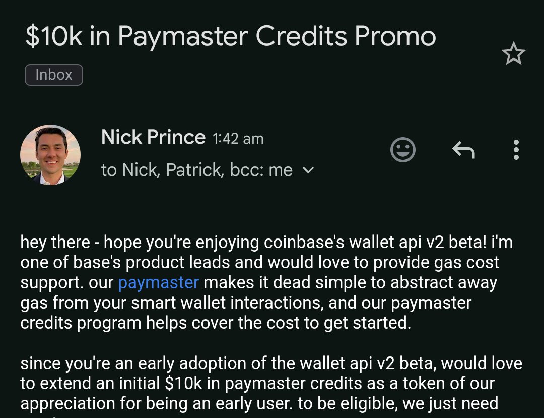 Vaibhav (@ig_vaibhav1) on Twitter photo ty!! <a href="/Nick_Prince12/">nick.base.eth 🛡</a> <a href="/CoinbaseDev/">Coinbase Developer Platform🛡️</a>
I love the Wallets V2 API and what you guys are building! thx for supporting us builders :) ty!! <a href="/Nick_Prince12/">nick.base.eth 🛡</a> <a href="/CoinbaseDev/">Coinbase Developer Platform🛡️</a>
I love the Wallets V2 API and what you guys are building! thx for supporting us builders :)