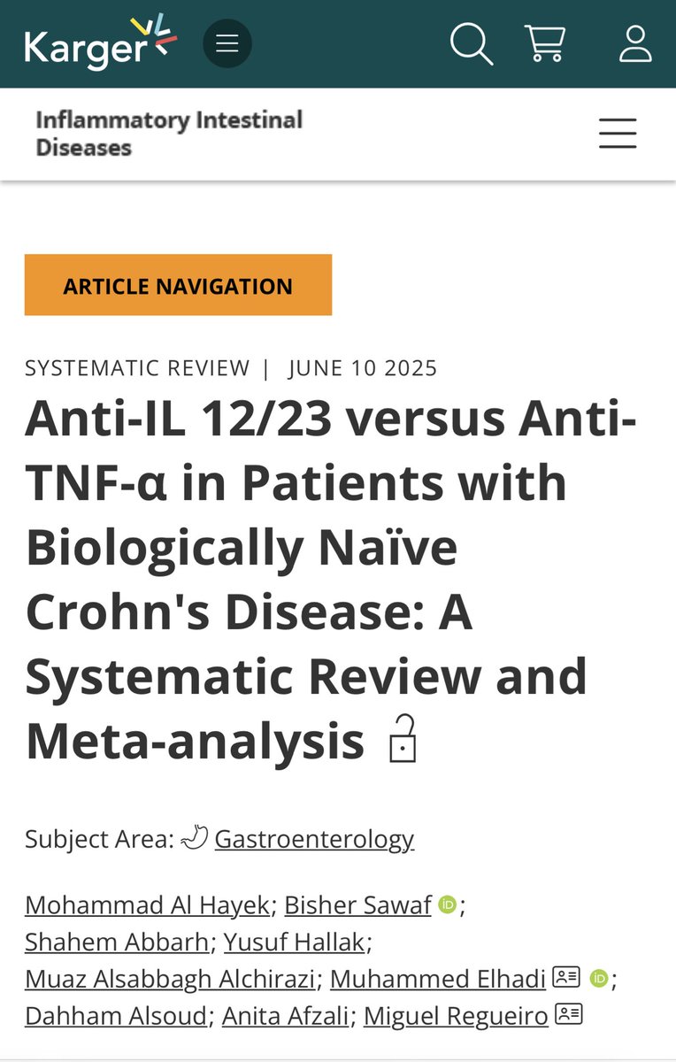 Bisher Sawaf, MD (@bishersawaf) on Twitter photo Newly published
In IBD, choosing between anti-TNF and anti-IL-12/23 is like picking your fighter turns out, both pack a punch. 💥 New data suggests anti-IL-12/23 holds its own, even in TNF-naïve patients.
#IBD #GI #MedTwitter
📖 karger.com/iid/article/do…”
<a href="/MRegueiroMD/">Miguel Regueiro</a> Newly published
In IBD, choosing between anti-TNF and anti-IL-12/23 is like picking your fighter turns out, both pack a punch. 💥 New data suggests anti-IL-12/23 holds its own, even in TNF-naïve patients.
#IBD #GI #MedTwitter
📖 karger.com/iid/article/do…”
<a href="/MRegueiroMD/">Miguel Regueiro</a>