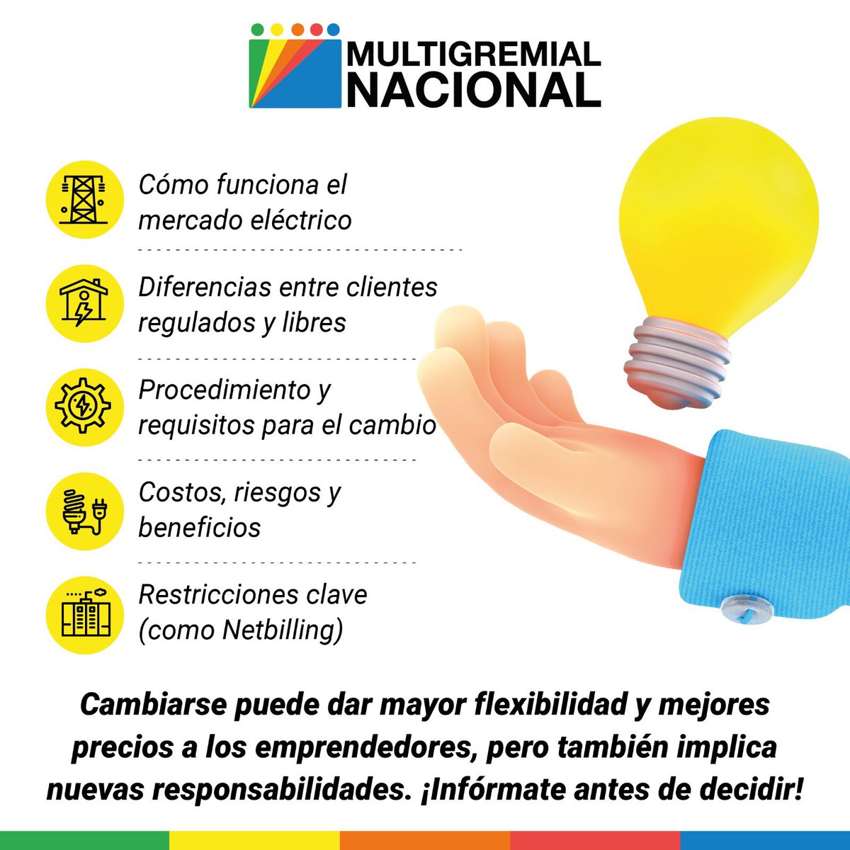 🔌 ¡Pymes, atención!
Desde febrero 2025, si tienes una potencia conectada >300 kW, podrás cambiar de cliente regulado a libre ⚡
Más libertad para negociar tarifas y ahorrar 💡

📲 Infórmate 👉 mgnacional.cl/guia-indicativ…

#Pymes #Energía #ClientesLibres