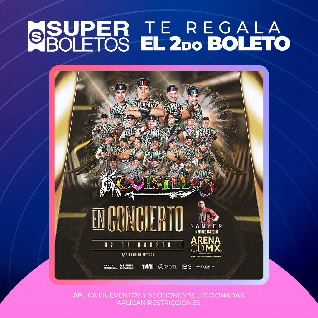¡Hoy es miércoles de promo! 🎟

Adquiere tus entradas al 2x1 y no te pierdas a la Banda Cuisillos en la #ArenaCDMX 🪶

📍 Consulta zonas participantes.
➡ Activa tu cupón en 𝗣𝗿𝗼𝗺𝗼𝗰𝗶𝗼𝗻𝗲𝘀 𝘆 𝗗𝗲𝘀𝗰𝘂𝗲𝗻𝘁𝗼𝘀 de Superboletos: superboletos.com/landing-evento…