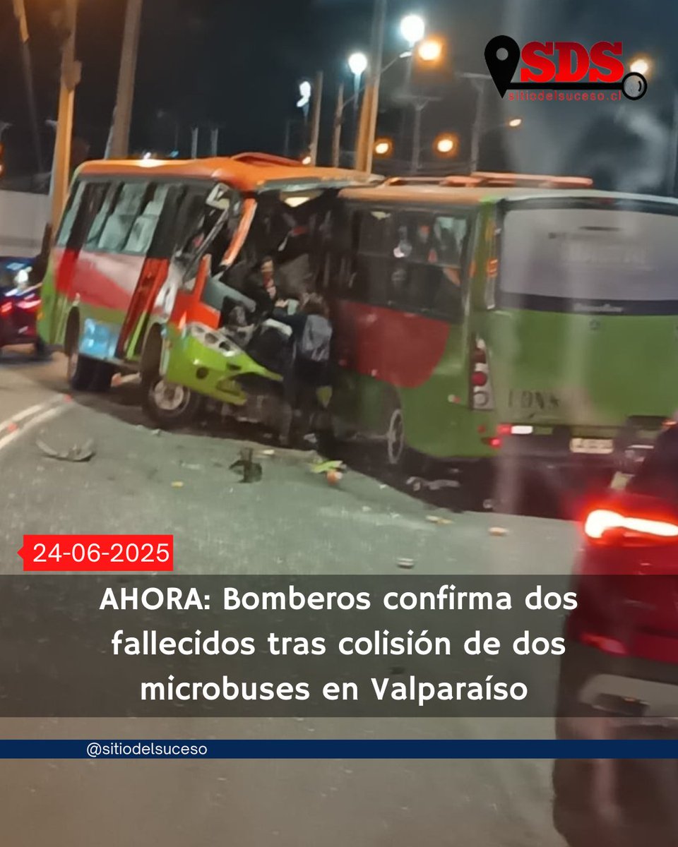 sitiodelsuceso's tweet photo. A través de su cuenta de X, el Cuerpo de Bomberos de Valparaíso confirma dos fallecidos en el accidente de tránsito que involucra a dos microbuses en Av. Altamirano, altura Asmar. https://t.co/aS2DvjAd4J