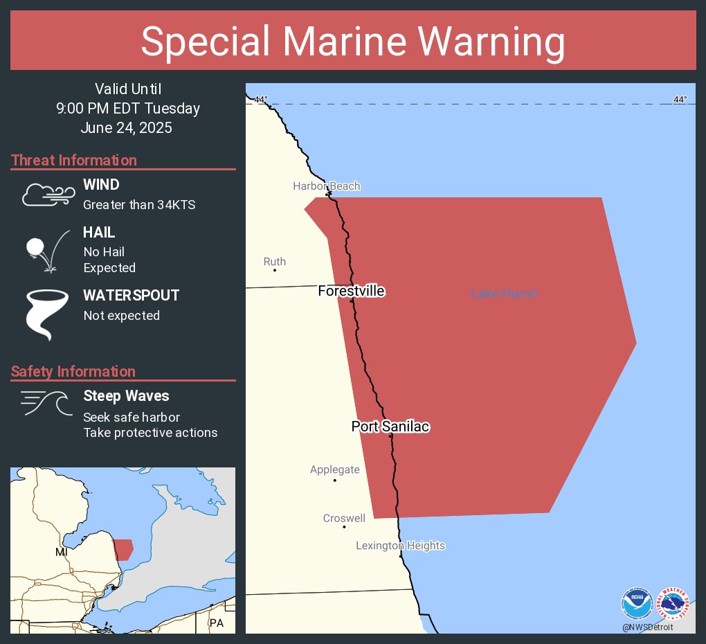 NWSDetroit's tweet photo. Special Marine Warning continues for the Lake Huron from Harbor Beach to Port Sanilac 5NM Off Shore to US/Canadian border, Lake Huron from Port Sanilac to Port Huron 5NM Off Shore to US/Canadian border and Harbor Beach to Port Sanilac MI until 9:00 PM EDT https://t.co/WIKVUSoMbf