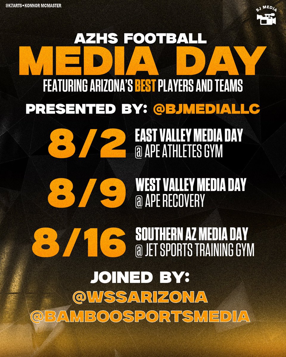 BJ Media (@bjmedia1) on Twitter photo Three loaded AZHSFB Media Days in August at three fantastic venues throughout the state. 44 tackle and flag football teams will be in attendance including:
- 7 ‘24 state champions
- 7 ‘24 Open teams
- 37 state quarterfinal teams
- 44 playoff teams
🎨: <a href="/k7arts_az/">konnor m 🇵🇭</a>
(1/3) Three loaded AZHSFB Media Days in August at three fantastic venues throughout the state. 44 tackle and flag football teams will be in attendance including:
- 7 ‘24 state champions
- 7 ‘24 Open teams
- 37 state quarterfinal teams
- 44 playoff teams
🎨: <a href="/k7arts_az/">konnor m 🇵🇭</a>
(1/3)