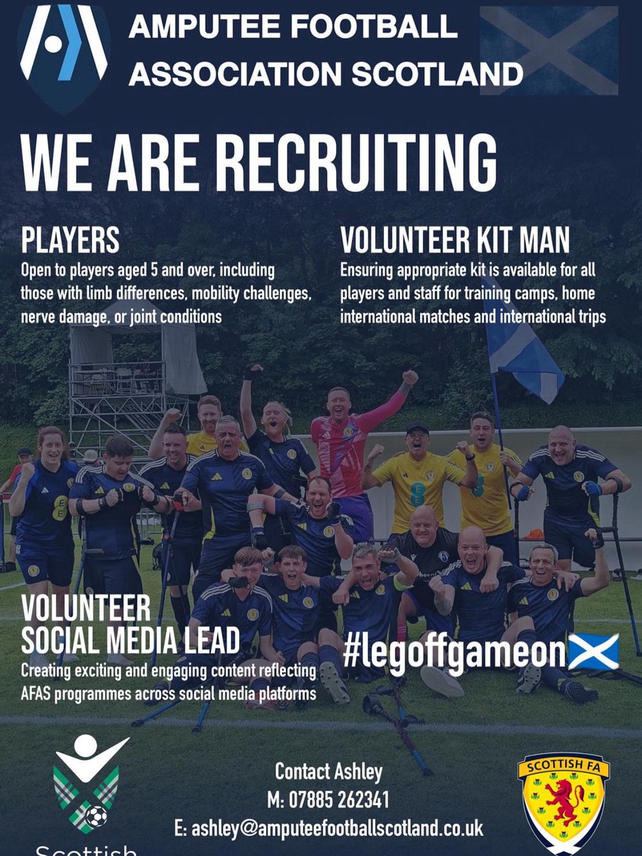 Want to get involved in supporting amputee football in Scotland? We’re looking to recruit new players and budding #volunteers to join our incredible charity in areas of social media and kit. Get in touch for info! Please share! 
#legoffgameon
#amputeefootball