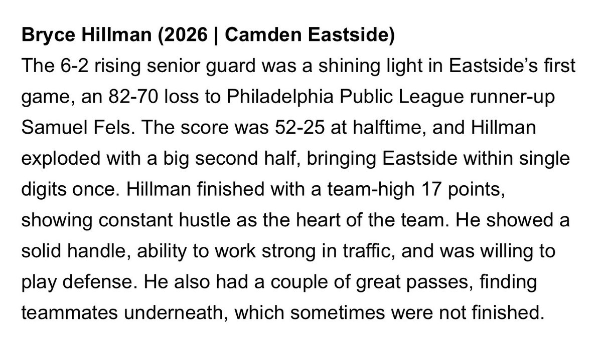 TFB’s <a href="/bryxehillman_/">Bryce Hillman</a> was recognized by <a href="/hooplove215/">CityofBasketballLove</a> as a standout for his play on Saturday, pouring in 17 points and playing extremely hard in a losing effort wirh his Camden Eastside team. Brace will be back for Philly Live 2 this weekend.