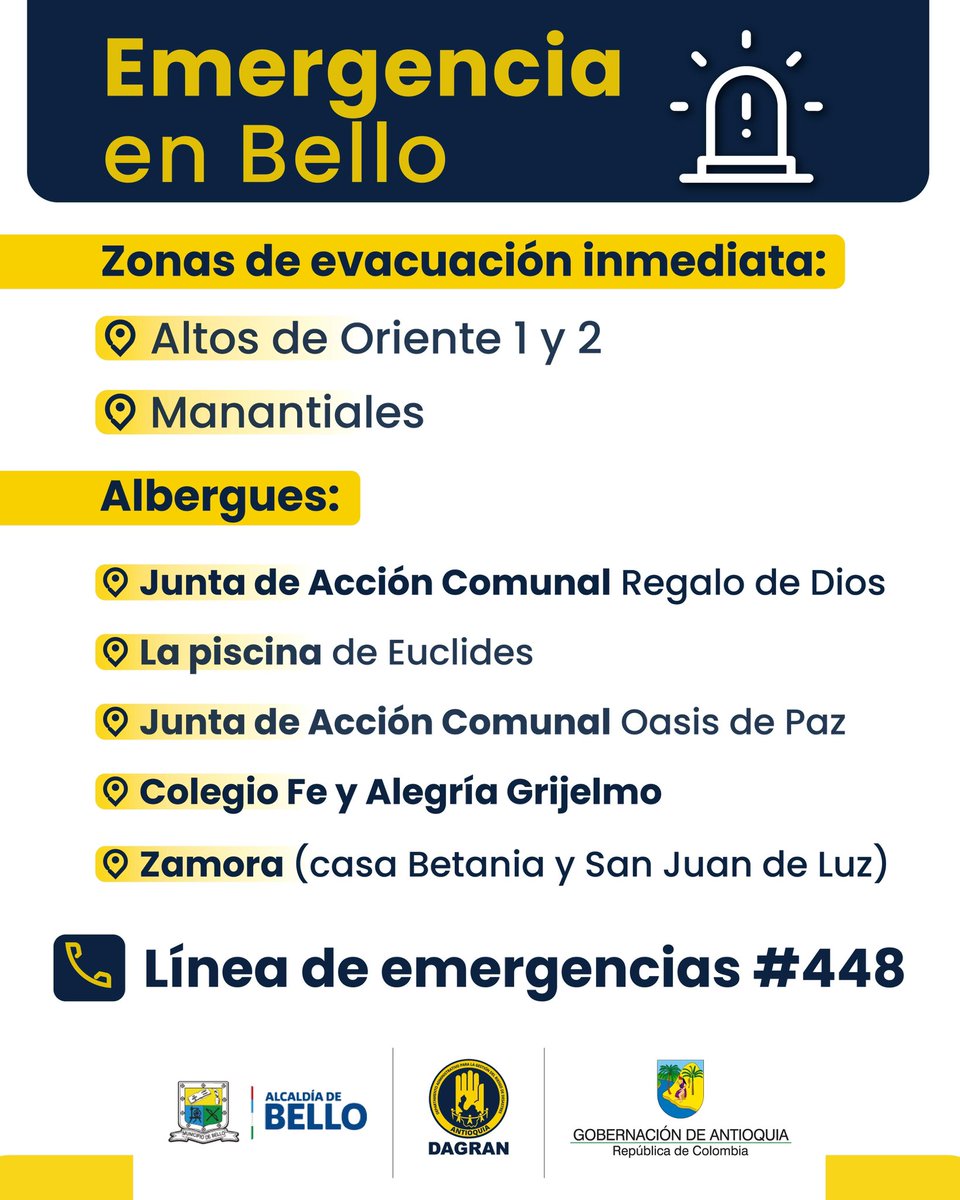 El riesgo en la vereda Granizal de Bello sigue latente: solicitamos la evacuación inmediata de las viviendas en Altos de Oriente (1 y 2) y Manantiales. La <a href="/AlcaldiadeBello/">Alcaldía de Bello</a> ha dispuesto albergues con toda la atención humanitaria.