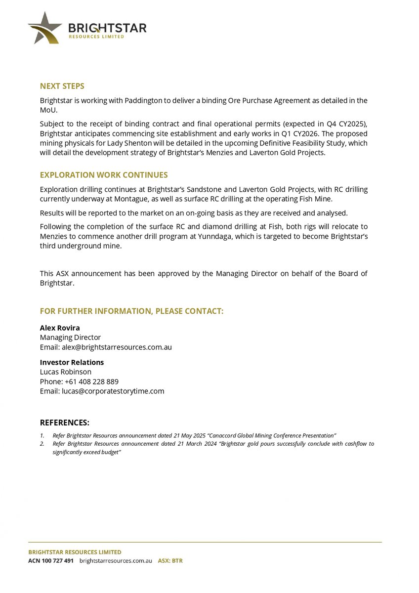 Brightstar (ASX: BTR) Secures Processing Deal for Menzies Gold Project
Brightstar has signed an MoU with Paddington Gold for toll treating ore from the Lady Shenton deposit at the Paddington Processing Plant, 100km south of Menzies.
Key Highlights:
⛏️ 1.5–2.0Mt over 30 months