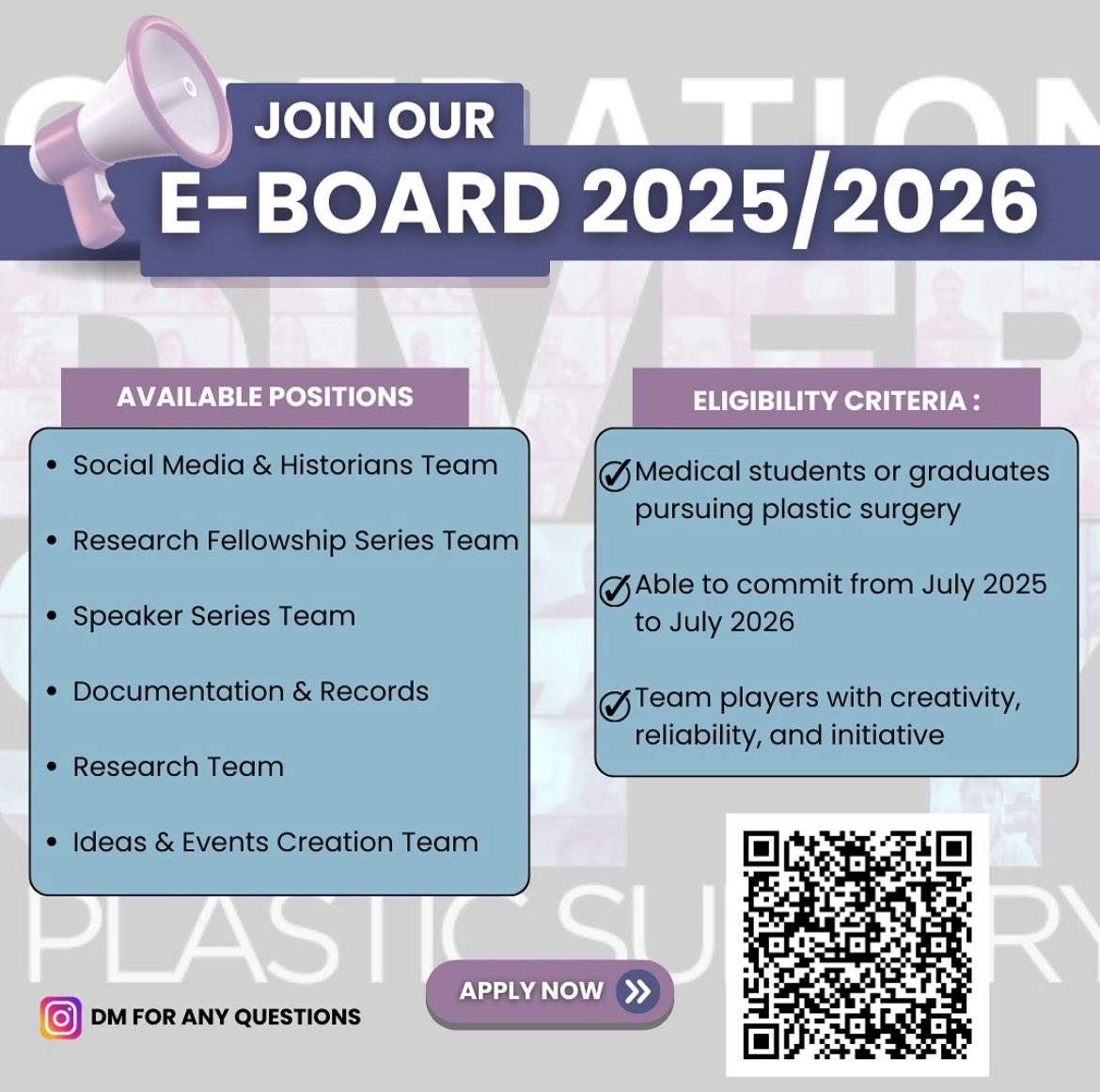 Interested in research, social media, planning events, or showcasing inspiring speakers? 📣

We’re building our 2025–2026 Plastic Surgery E-Board and want YOU on the team!

Scan the QR to apply &amp; DM with questions 💬
#PlasticSurgery #MedTwitter