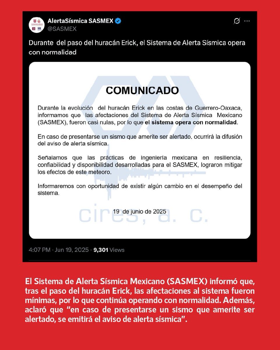 InfodemiaMx (@infodemiamex) on Twitter photo ❌Falso que la red de sensores sísmicos se encuentra desconectada en #Oaxaca y #Guerrero por el paso del huracán #Erick
✅El <a href="/SASMEX/">AlertaSísmica SASMEX</a> informó que, tras el paso del huracán Erick, las afectaciones al sistema fueron mínimas, por lo que continúa operando con normalidad. Además, ❌Falso que la red de sensores sísmicos se encuentra desconectada en #Oaxaca y #Guerrero por el paso del huracán #Erick
✅El <a href="/SASMEX/">AlertaSísmica SASMEX</a> informó que, tras el paso del huracán Erick, las afectaciones al sistema fueron mínimas, por lo que continúa operando con normalidad. Además,