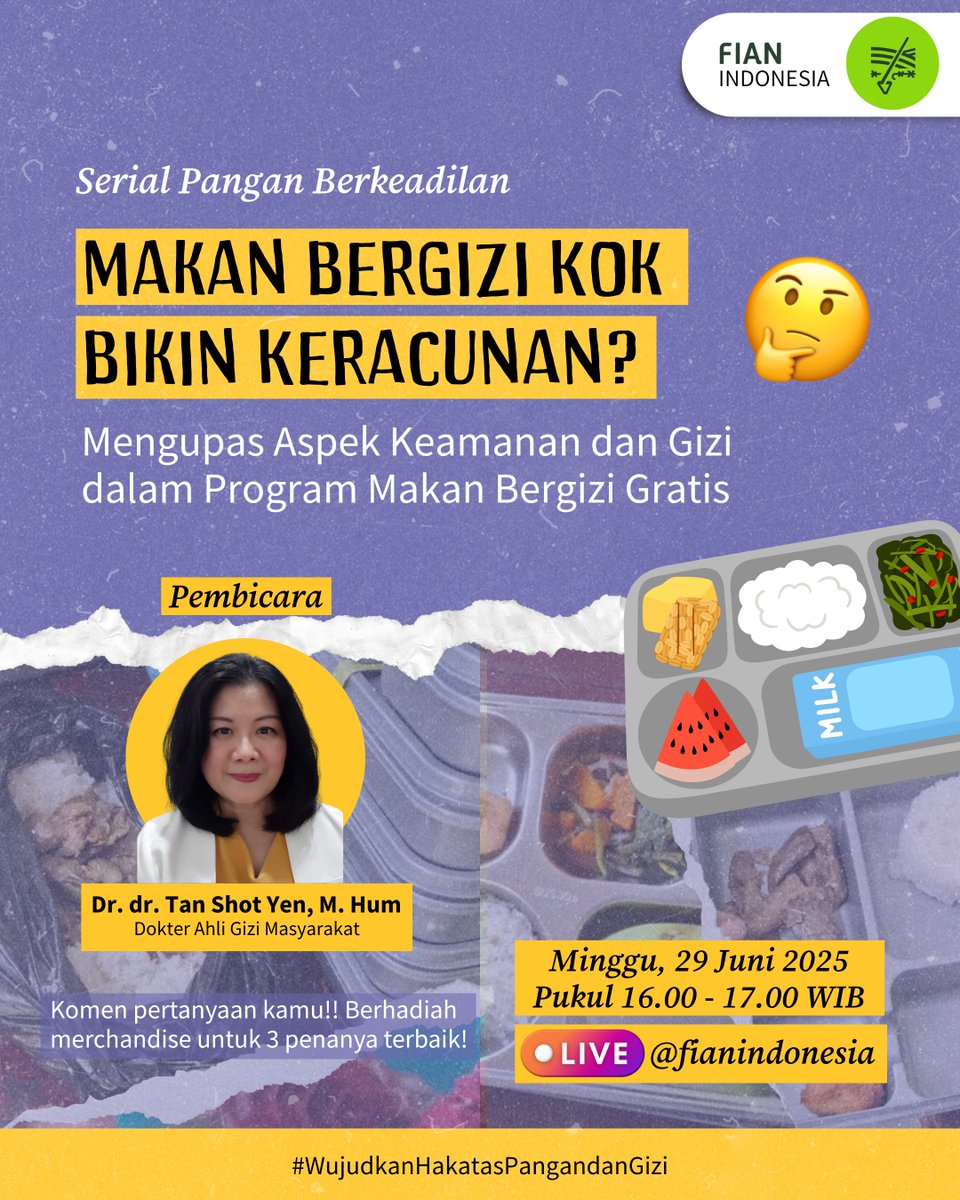 🍽️ Serial Pangan Berkeadilan

Makan Bergizi Kok Bikin Keracunan? Mengupas Aspek Keamanan dan Gizi dalam Program Makan Bergizi Gratis

📅 Minggu, 29 Juni 2025
🕓 Pukul 16.00–17.00 WIB
📍 Live di Instagram @fianindonesia

#WujudkanHakatasPangandanGizi
#MakanBergiziGratis