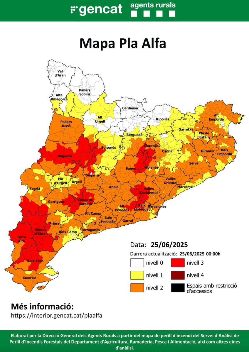 cgavarres's tweet image. 🌳 🔥 Activat el nivell 2 del #PlaAlfa a diversos municipis de les comarques del #Gironès i #BaixEmpordà, a les #Gavarres
⚠️Extremeu les precaucions
☎️Si veieu fum o conductes negligents que puguin ocasionar un incendi truqueu al 112.
🙏Gràcies per la vostra col·laboració.