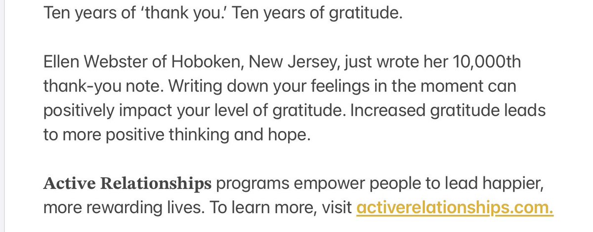 Ten years of ‘thank you.’ 10 years of gratitude. tinyurl.com/ARCvideo268

Ellen W.  just wrote her 10,000th thank-you note. Writing down your feelings positively impacts your level of gratitude. 

ARC empowers people to lead happier, more rewarding lives. activerelationships.com