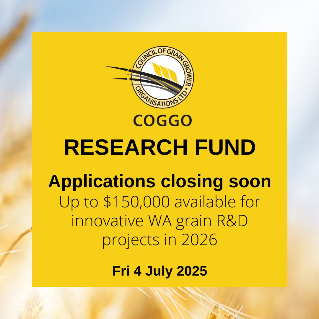Just a reminder that EOI's for #COGGO research funding in 2026 are due by 5pm next Friday 4 July. R&amp;D projects targeting any part of the WA grain supply chain will be considered.

This year the COGGO Board will especially welcome EOI's that seek to improve the testing of starch